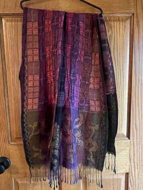 Purple and Black Patterned Scarf Wrap Gold Accents with Fringe. Large Size